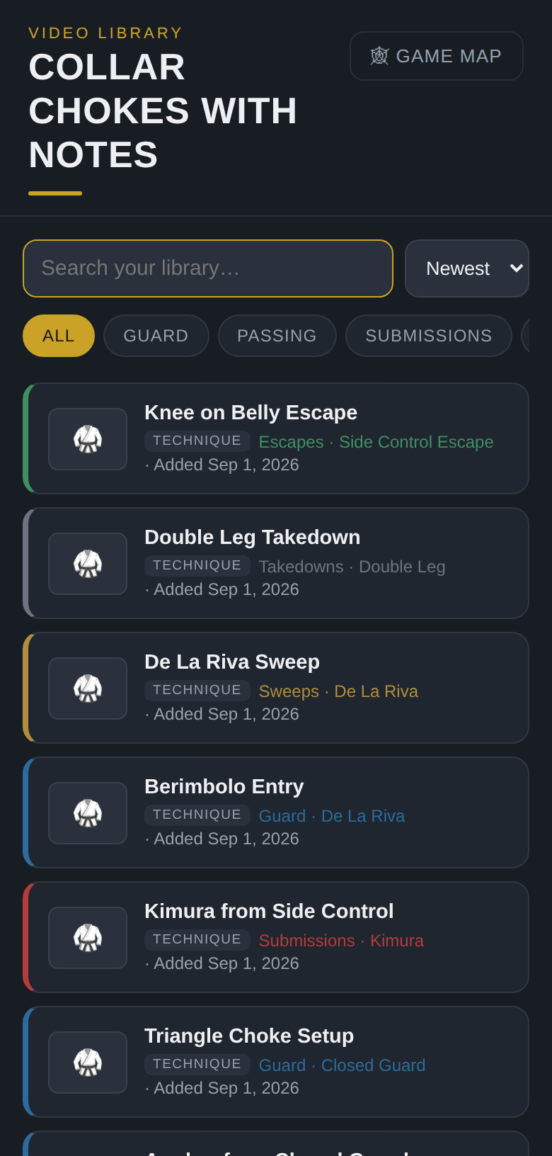 Videos library — browse and search your saved techniques